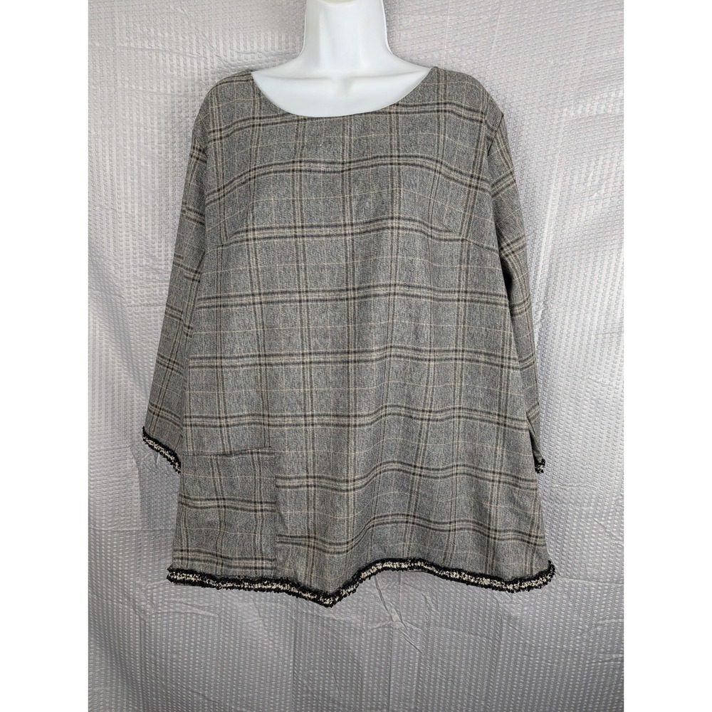 Paisley Vine Womens 1XL Gray Tan Plaid Tunic Top 3/4 Sleeve Boucle Trim Pocket